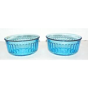 Vintage MCM Set Of 2 Cobalt Blue Glass Ribbed Round Ramekins Style Serving Bowls